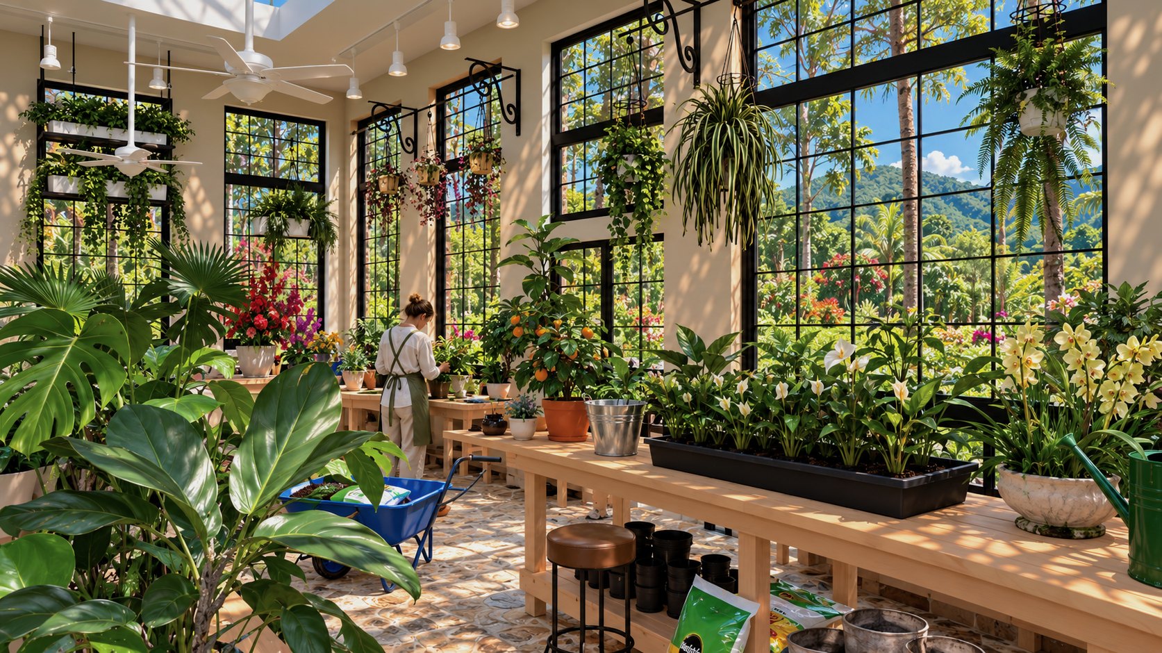 Tropical plants and orchids along the window benches