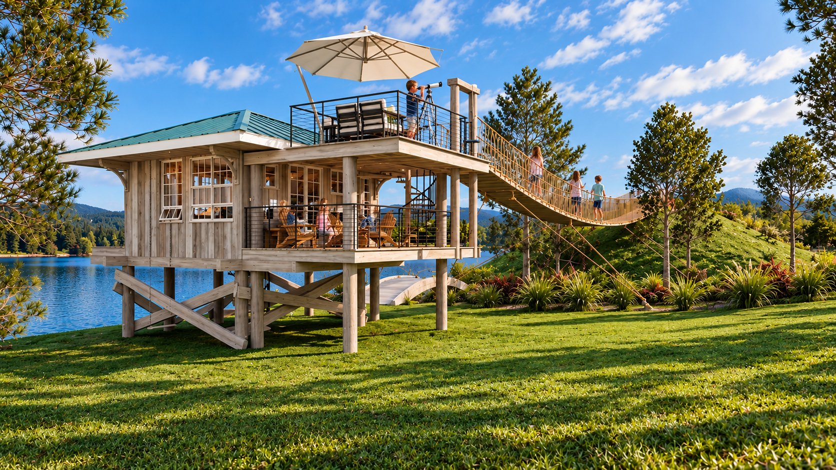 Kid's Clubhouse — kids crossing the rope bridge to the rooftop deck