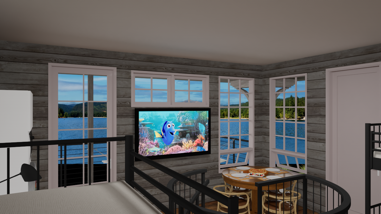 Dining area and television seen from the bunk room