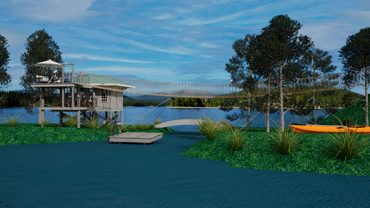 Evening exterior view of Kid's Clubhouse with rope bridge