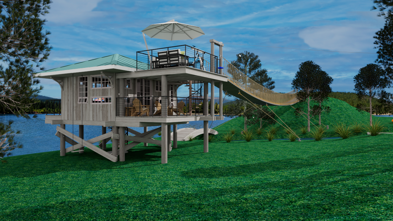 Exterior view of Kid's Clubhouse on stilts with rooftop deck