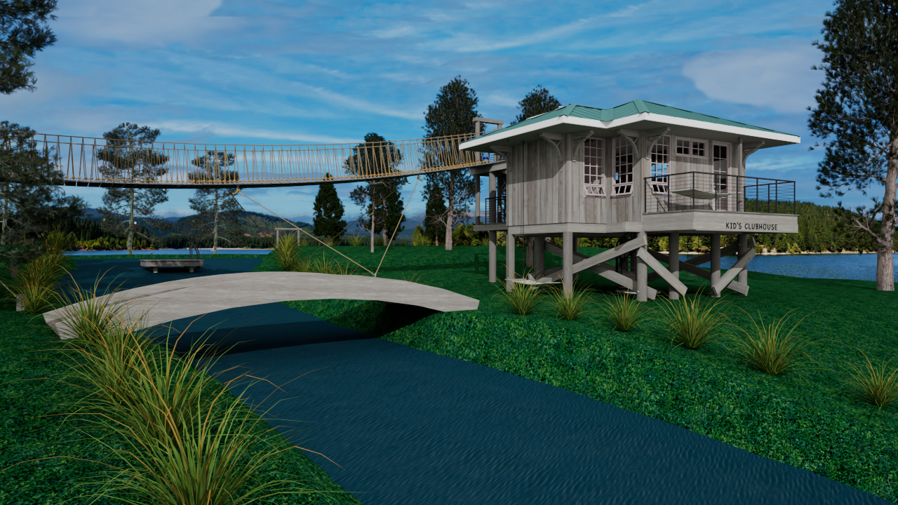 Kid's Clubhouse — exterior view with rope bridge and dock