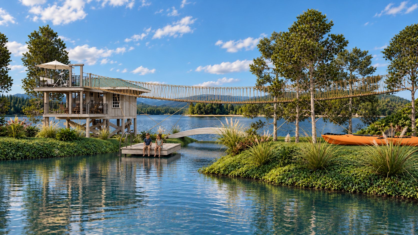 Kid's Clubhouse and rope bridge across the lake