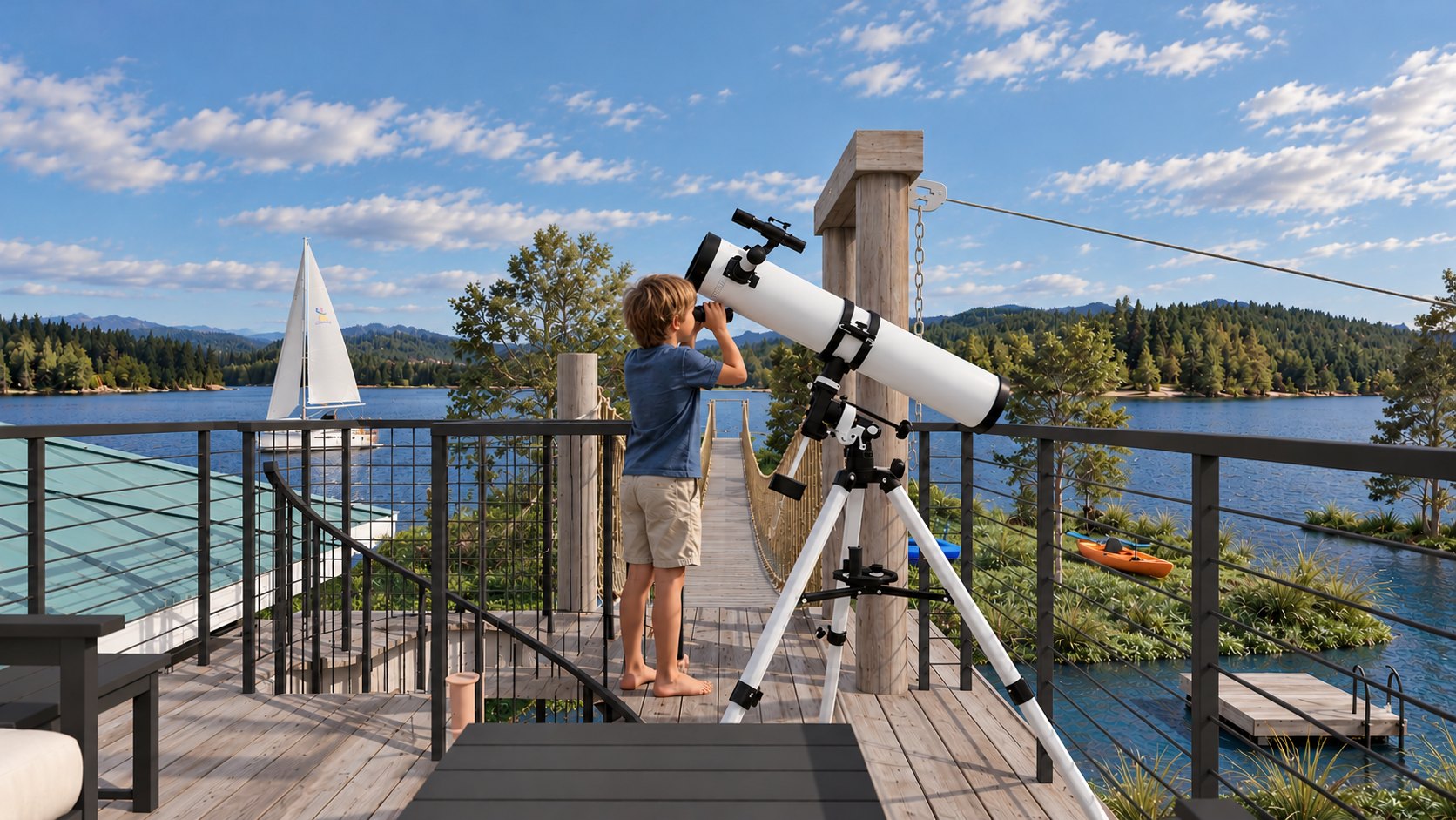 Boy at the telescope on the Kid's Clubhouse rooftop deck