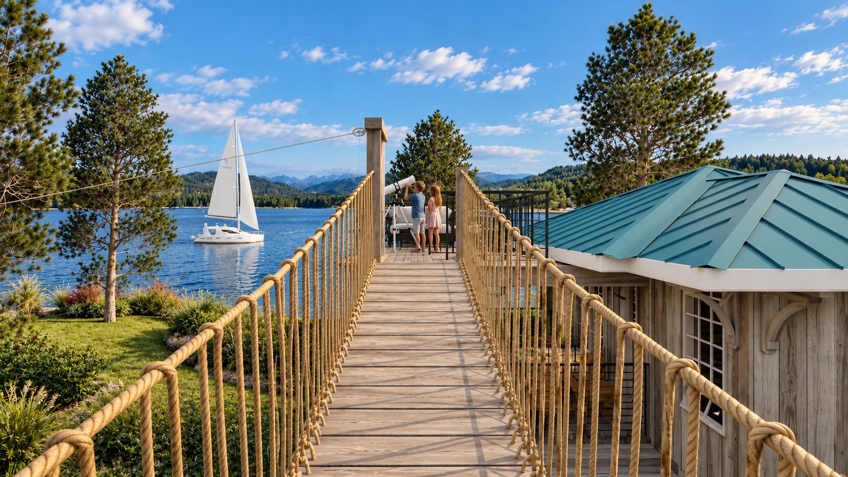 View along the rope bridge toward the rooftop deck