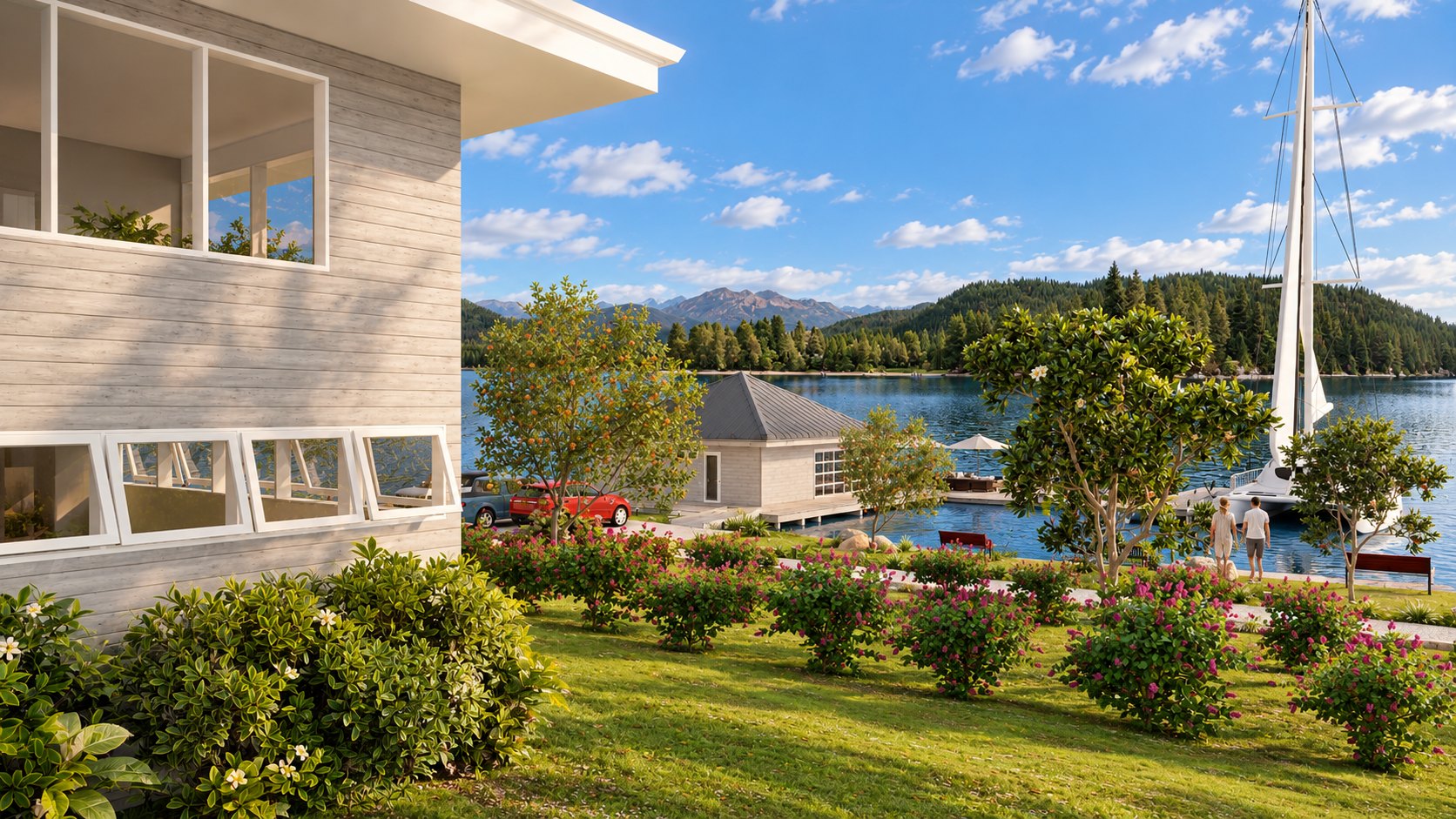 Garden view toward the boathouse