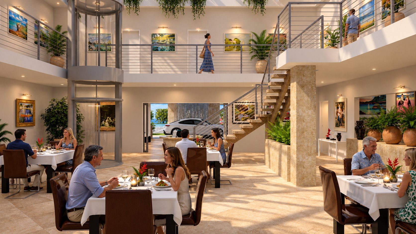 Atrium dining room with elevator and stair