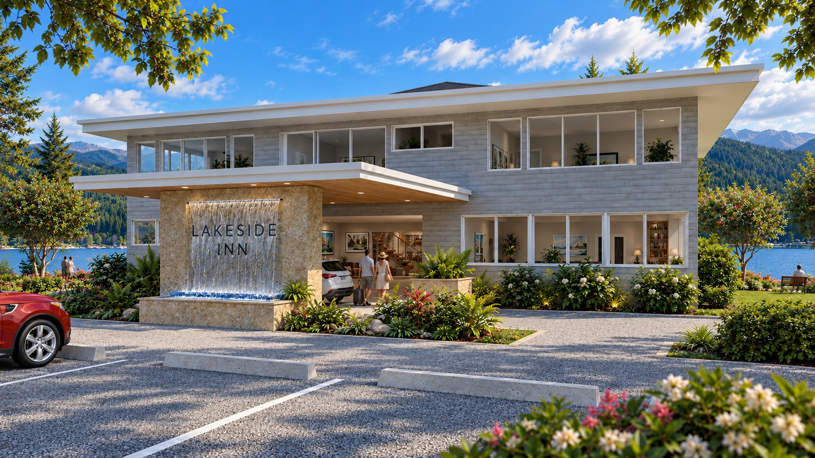 Lakeside Inn — arrival court and stone water wall