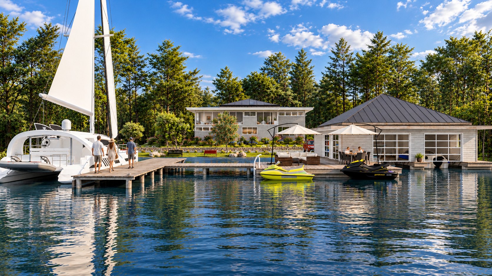 Lakeside Inn and boathouse from the lake