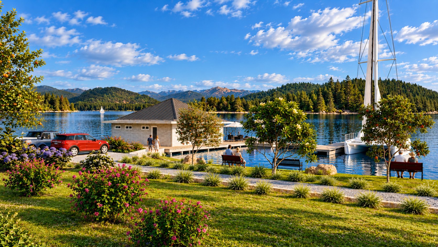 Lakefront lawn with boathouse and catamaran