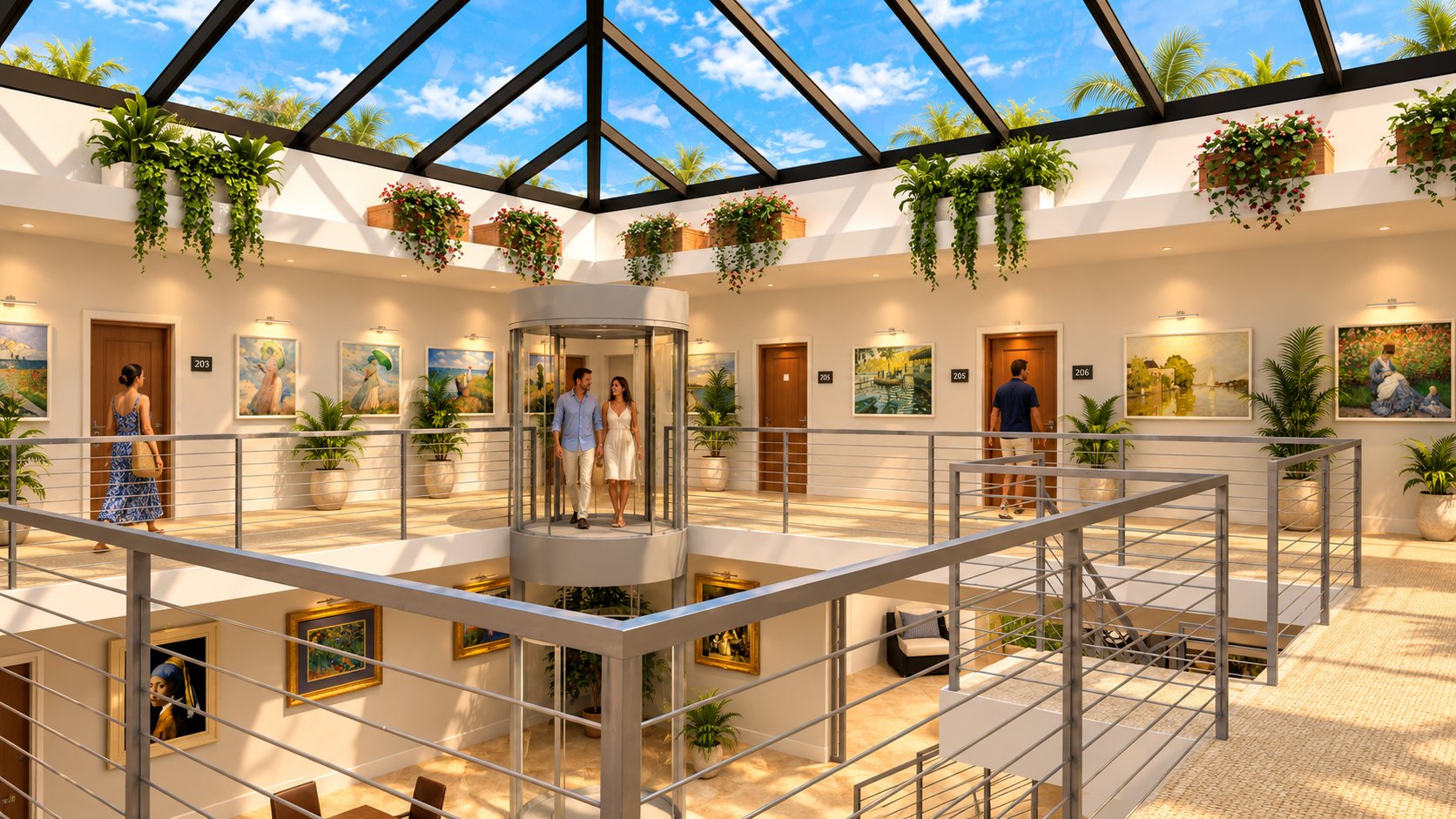 Gallery level with glass elevator
