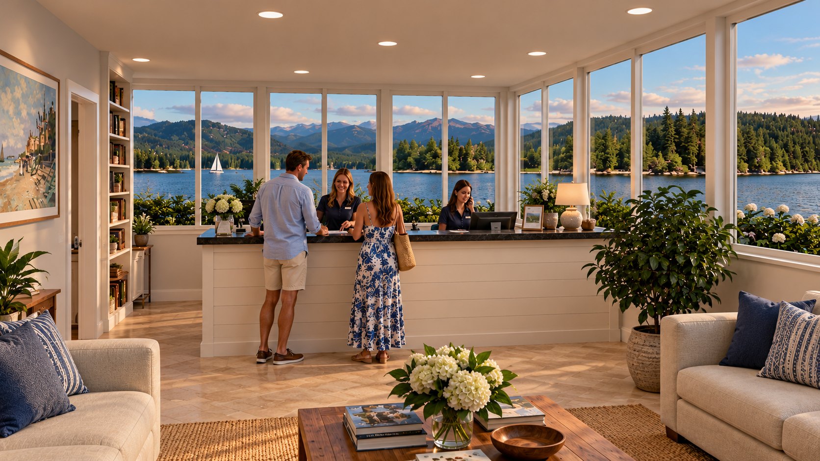 Reception desk with lake view
