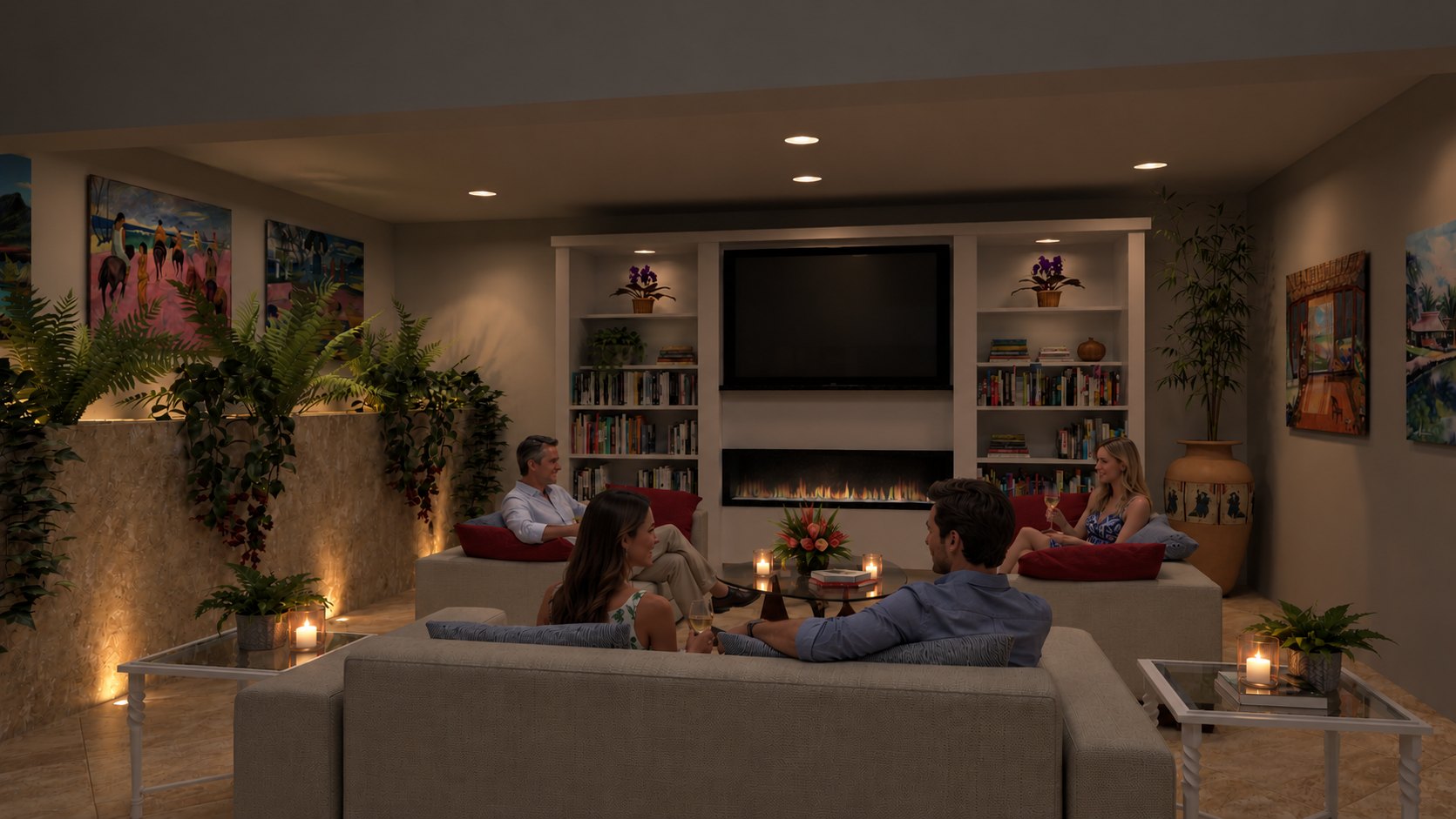 Sitting room with fireplace in the evening