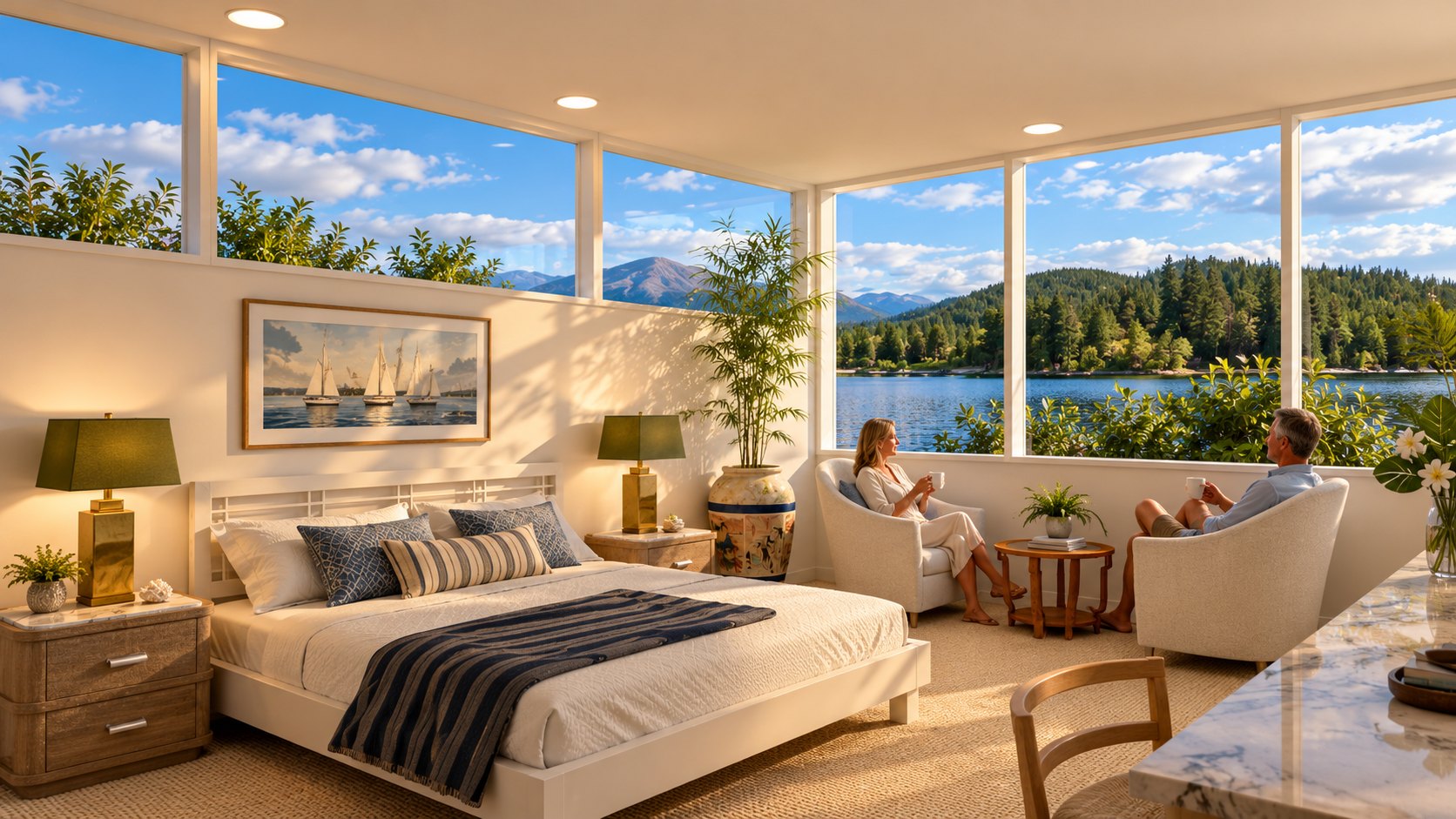 Guest room bed with lake view