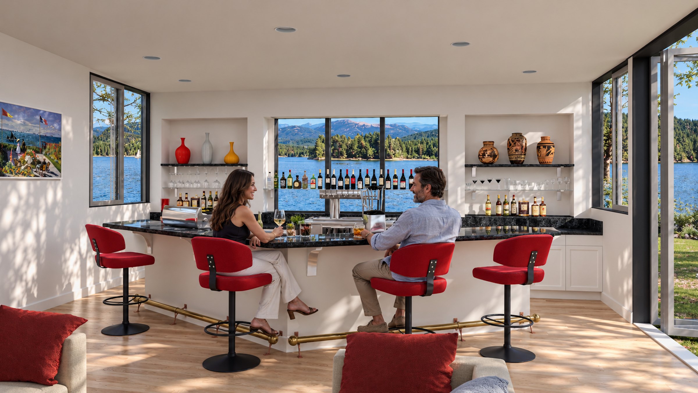 Lakeside Lounge — residential bar with red stools and a wine wall in front of a lake view