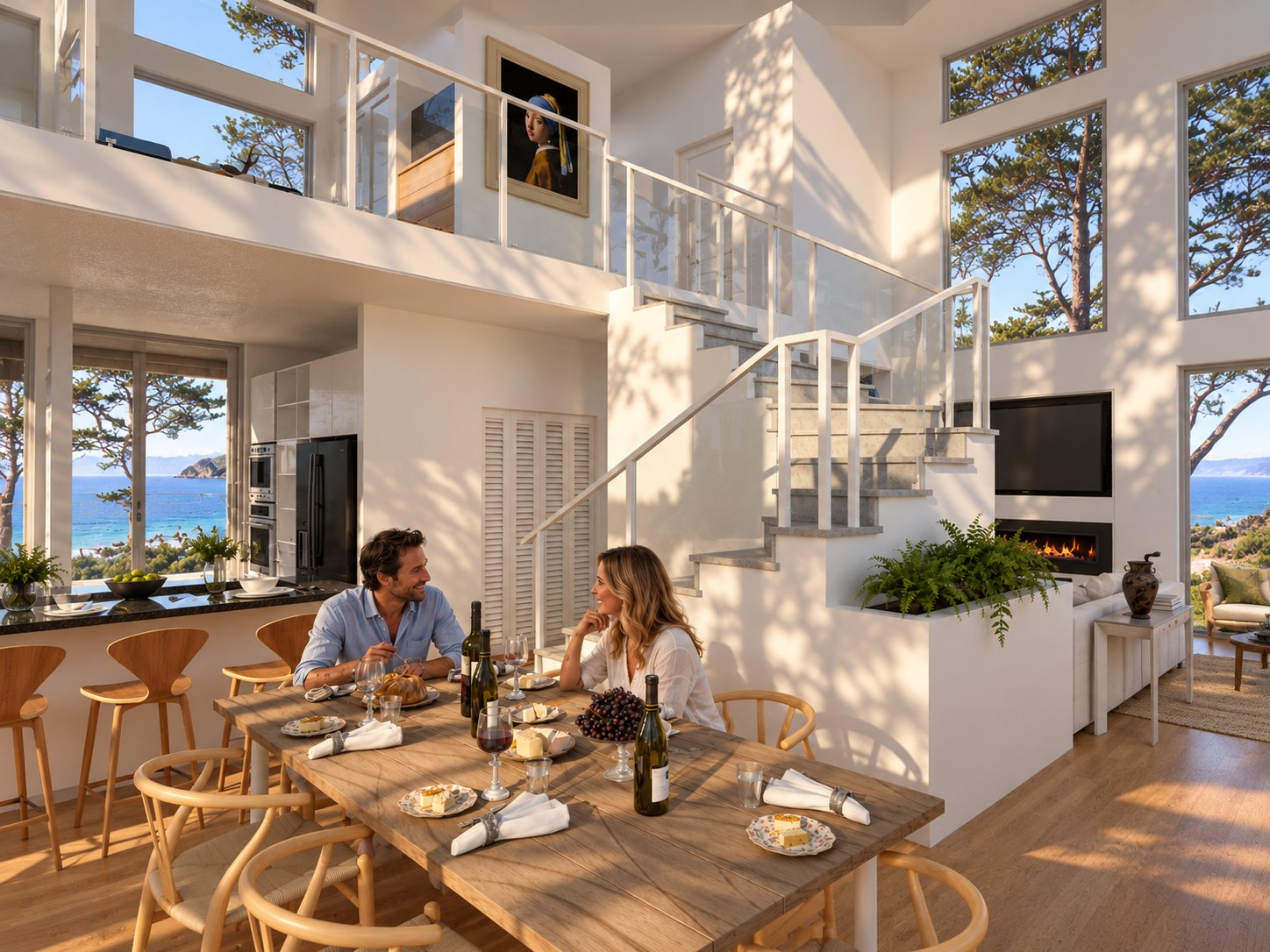 Stair rising above kitchen and dining