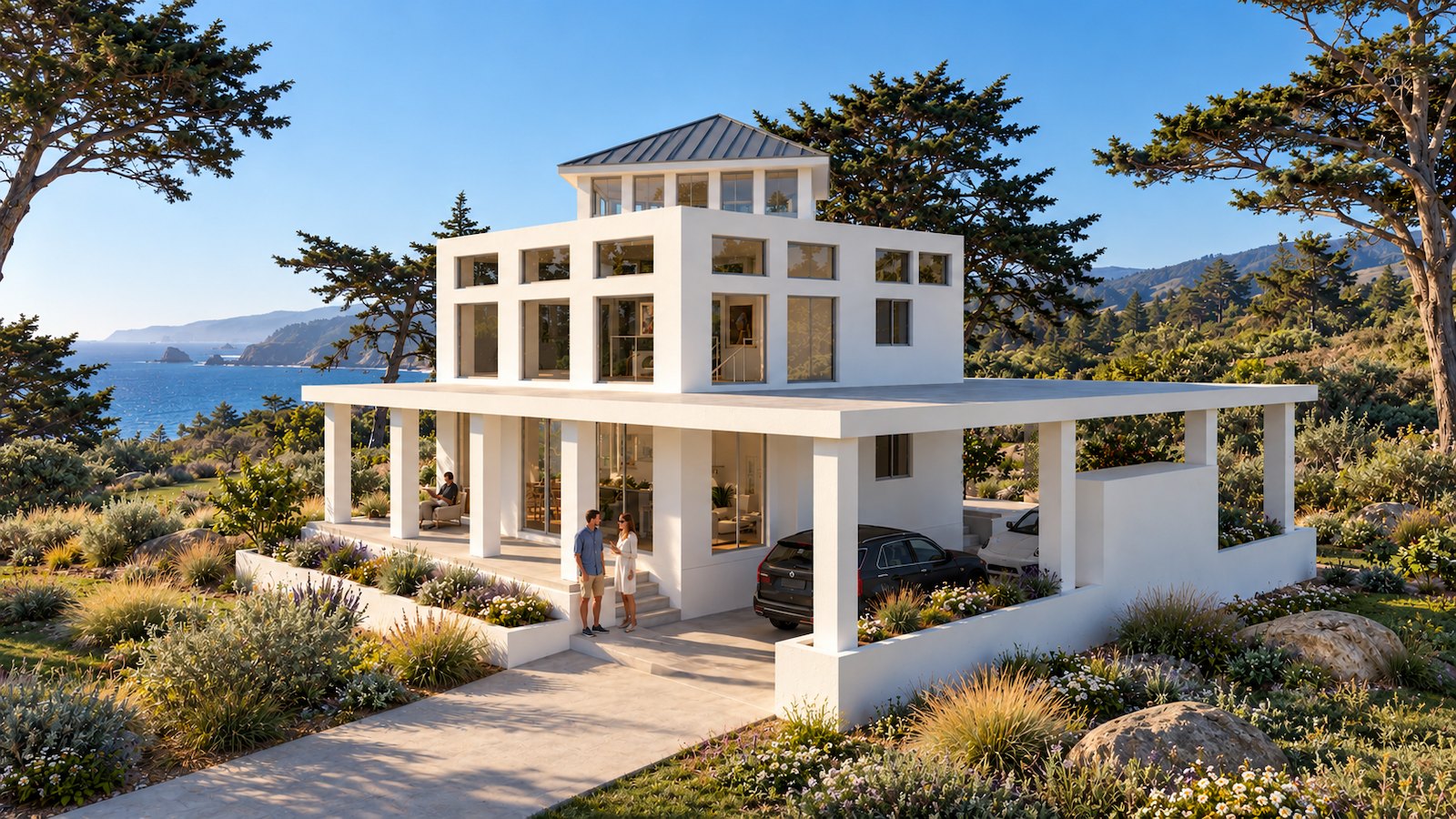 Cypress House — white stucco house with rooftop lookout above the Pacific