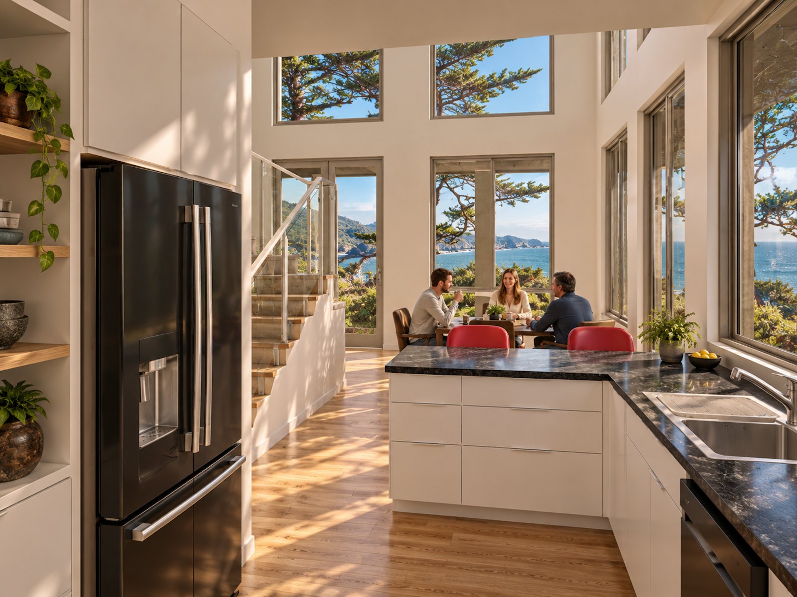 Kitchen looking toward dining and ocean
