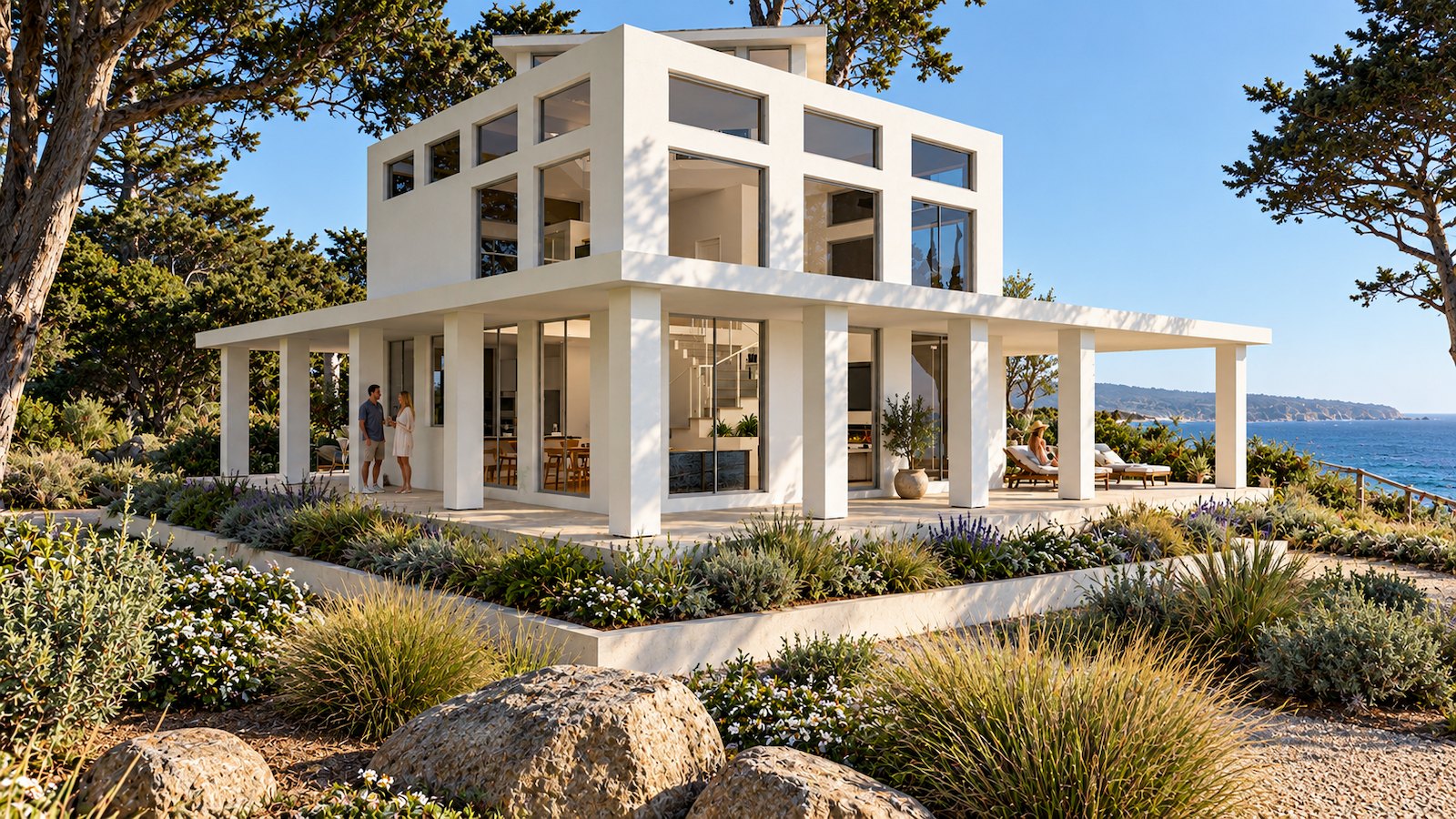Ocean-side porch with loungers