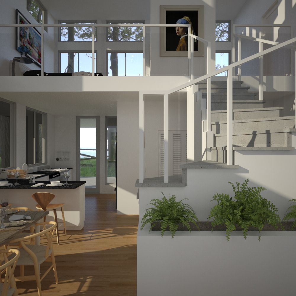 Dining table with stair and loft rail behind