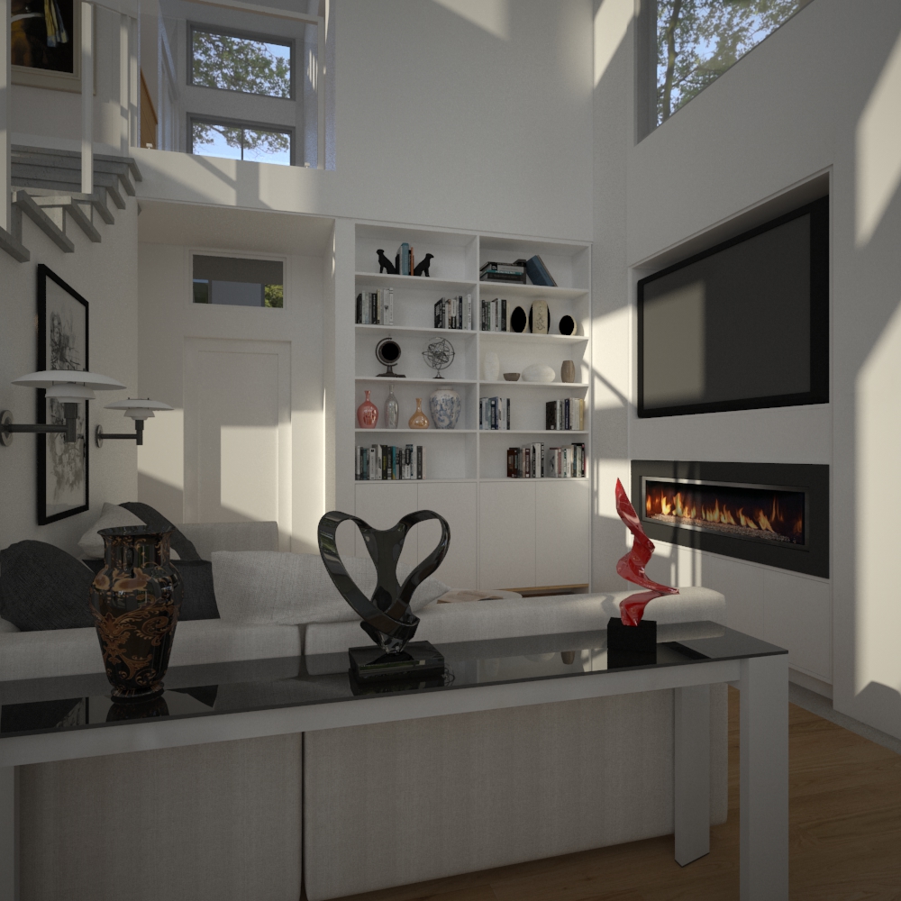 Living room with bookshelf and fireplace