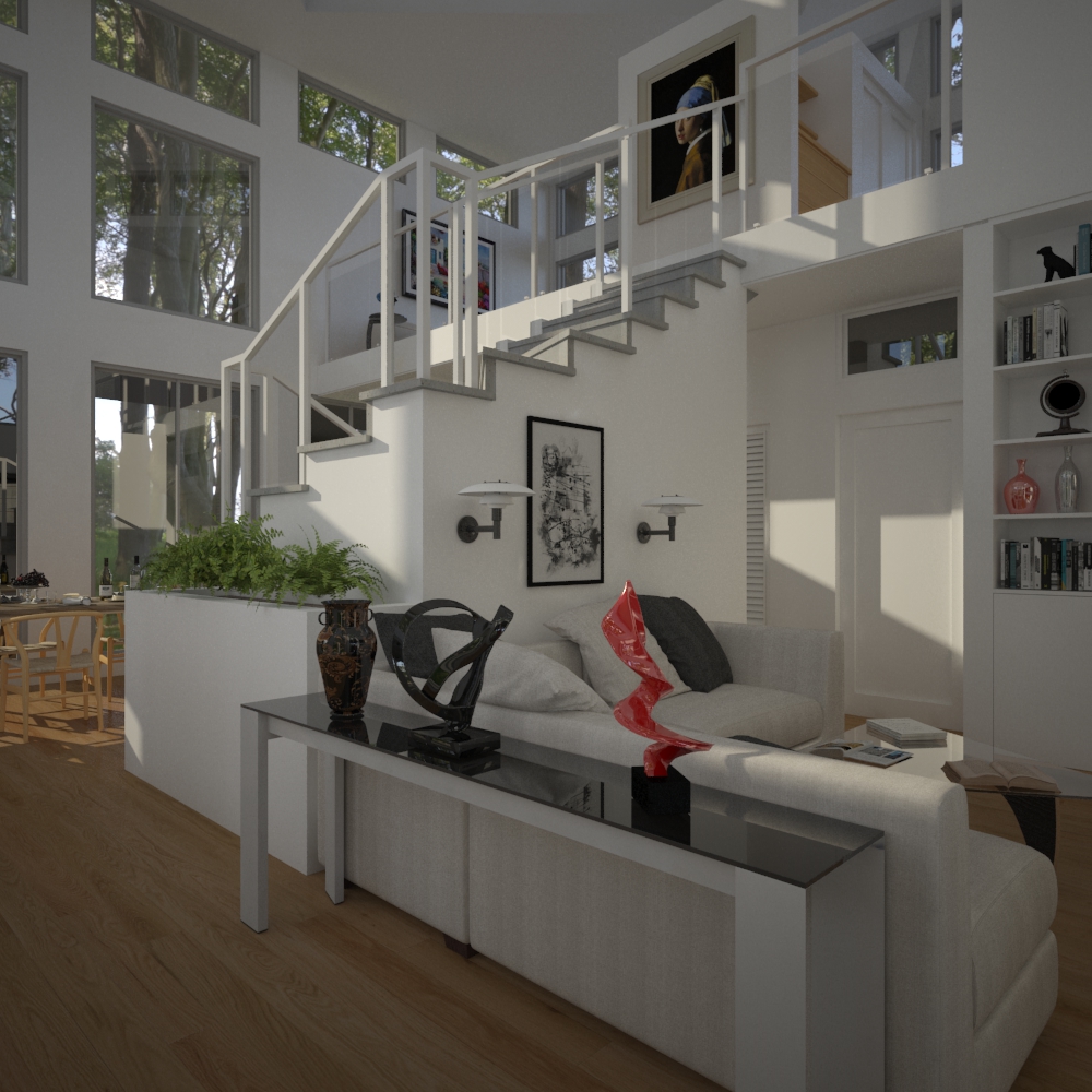 Living room with stair and loft behind