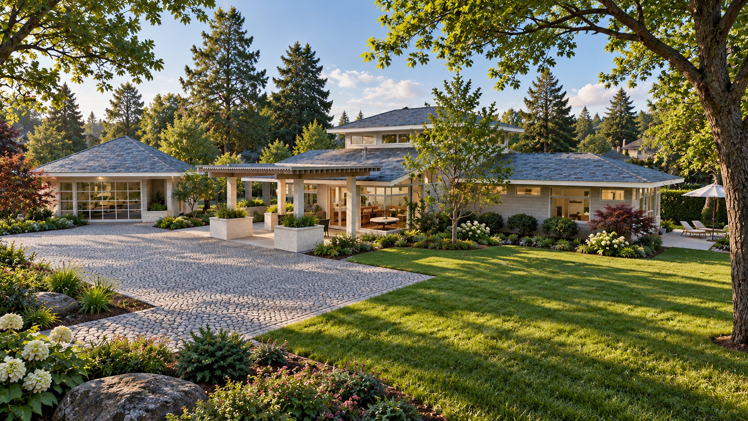 Pergola House — single-story garden house with a raised clerestory roof among shade trees