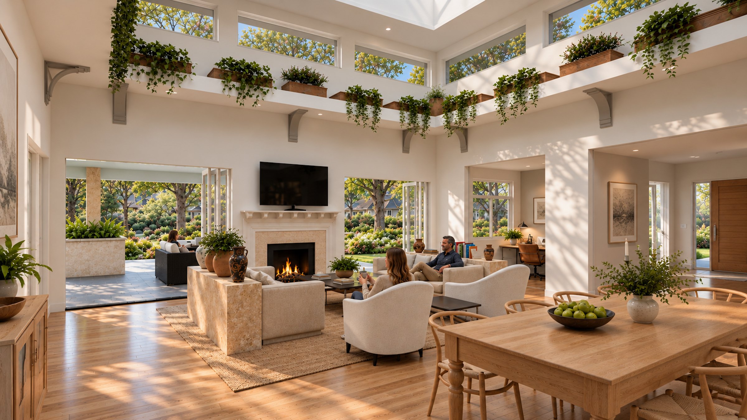 Pergola House great room with clerestory and plant ledge