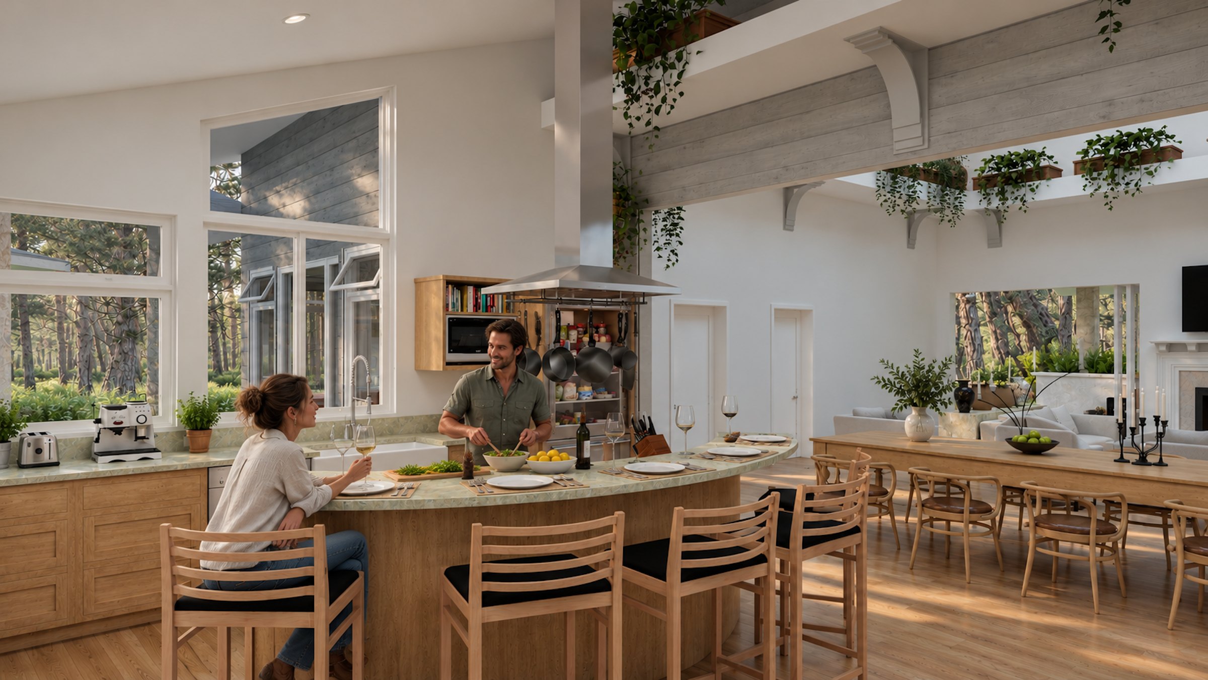 Pergola House kitchen toward the dining table
