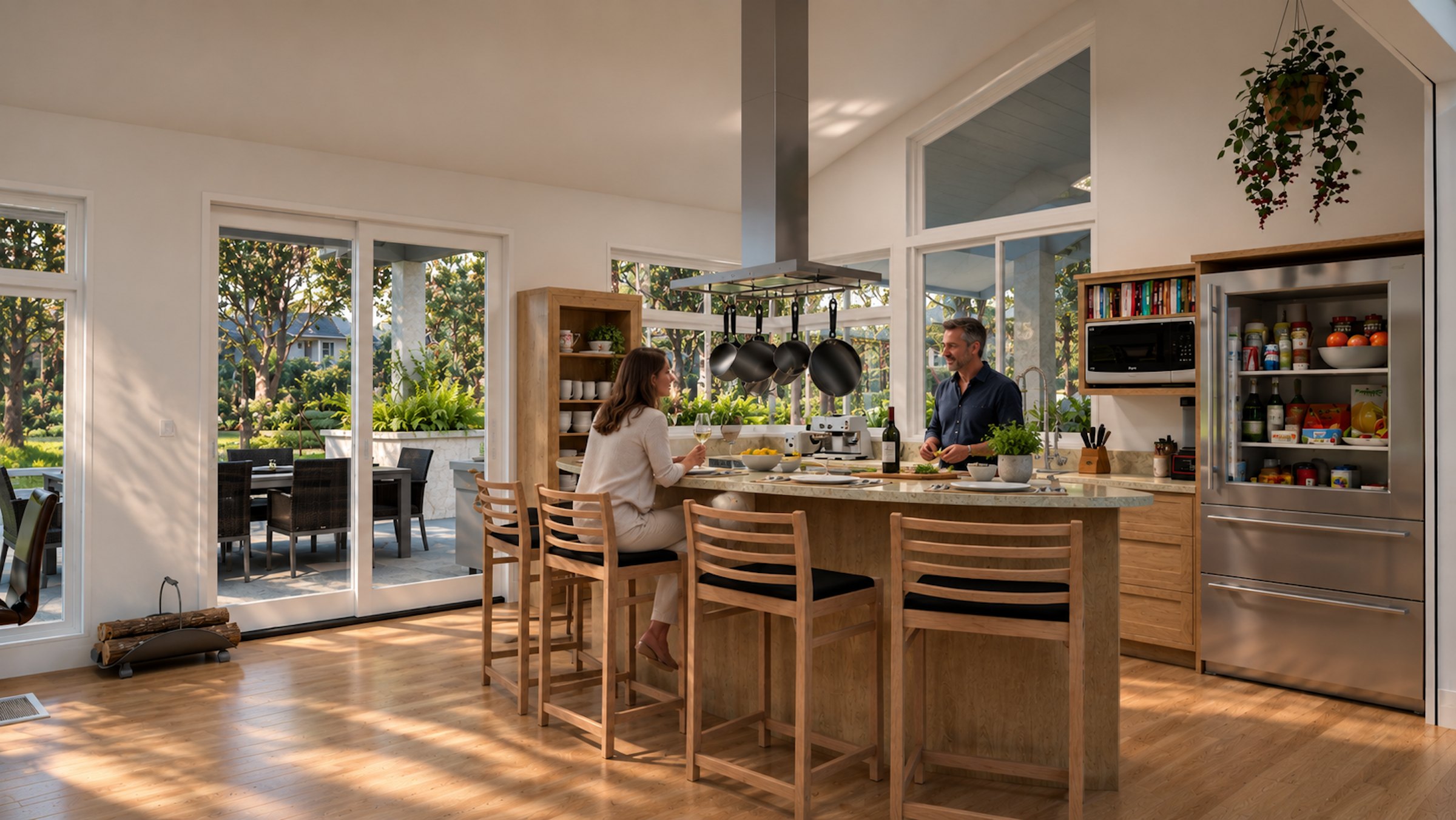 Pergola House kitchen island and porch doors