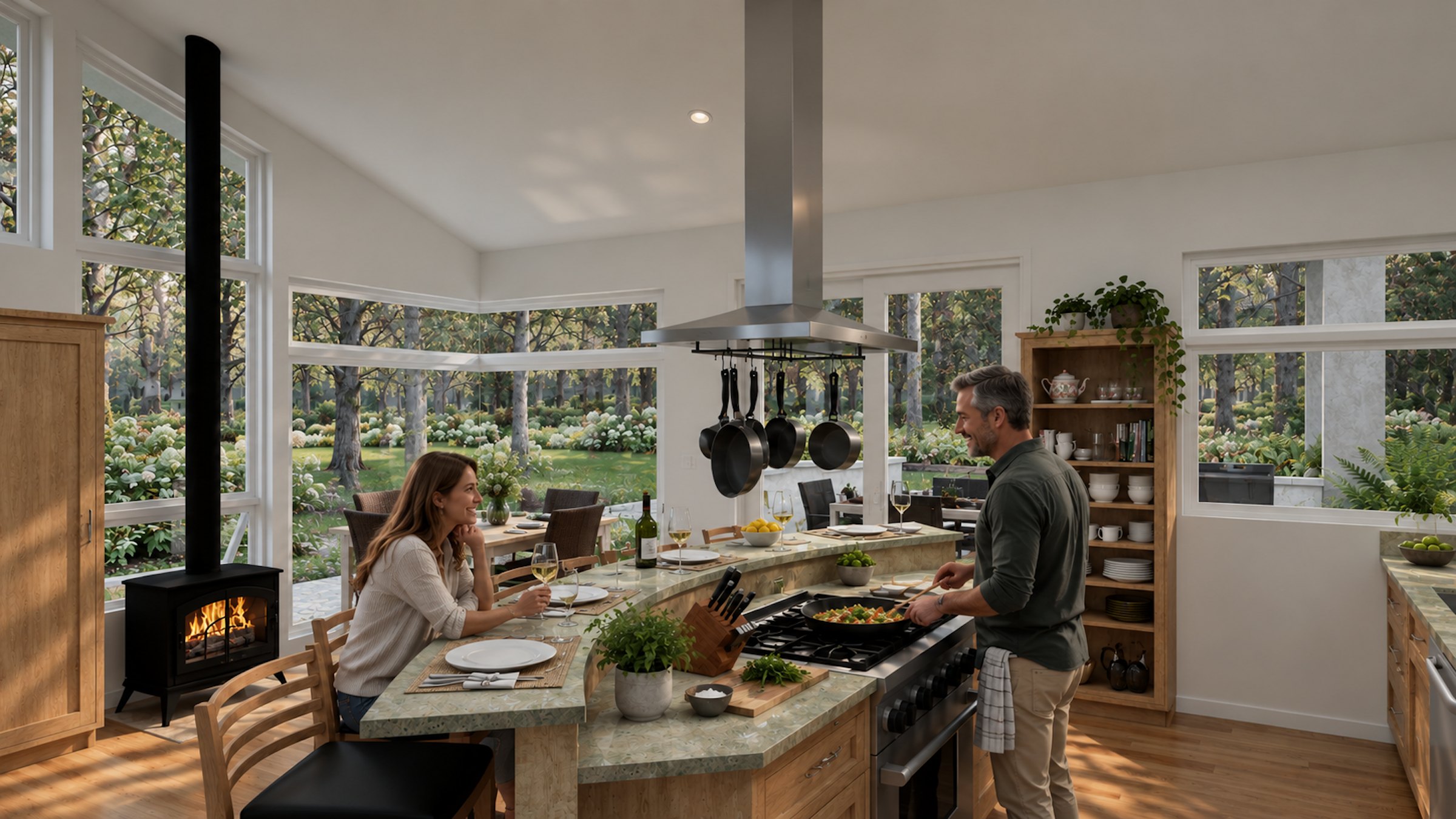 Pergola House kitchen with wood stove