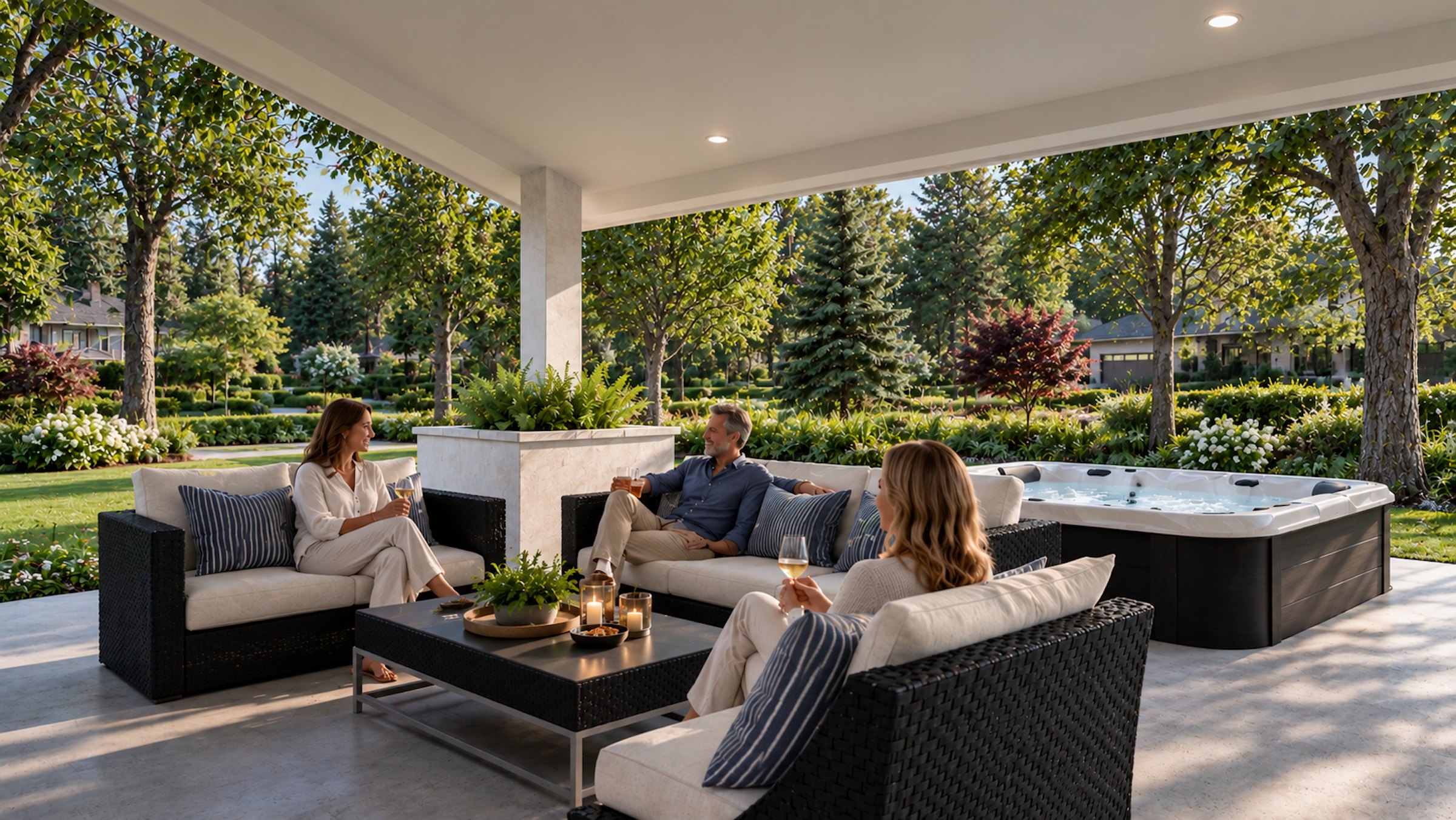 Pergola House living porch with hot tub
