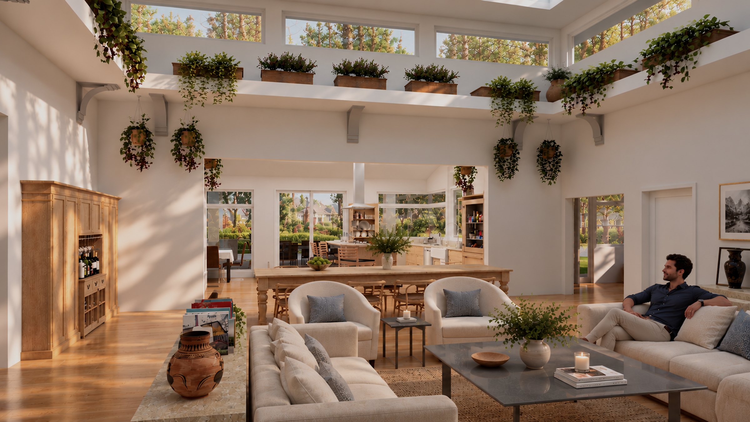 Pergola House living room toward the kitchen