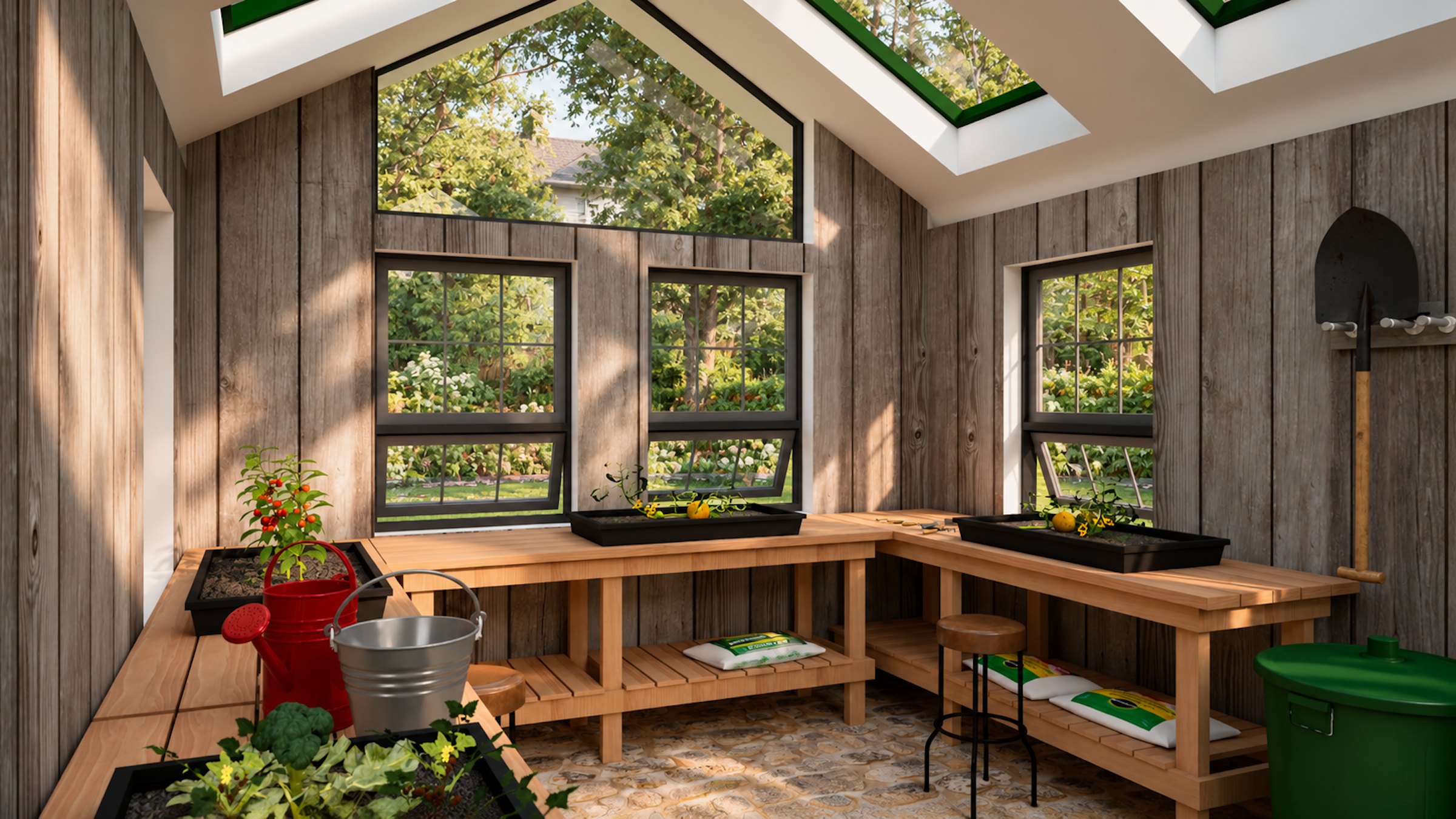 Potting Shed benches beneath the skylights