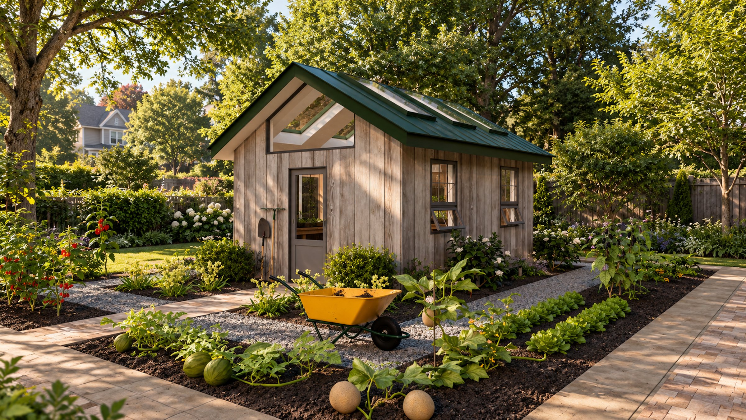 Potting Shed — weathered board shed with a glazed gable beyond a kitchen garden