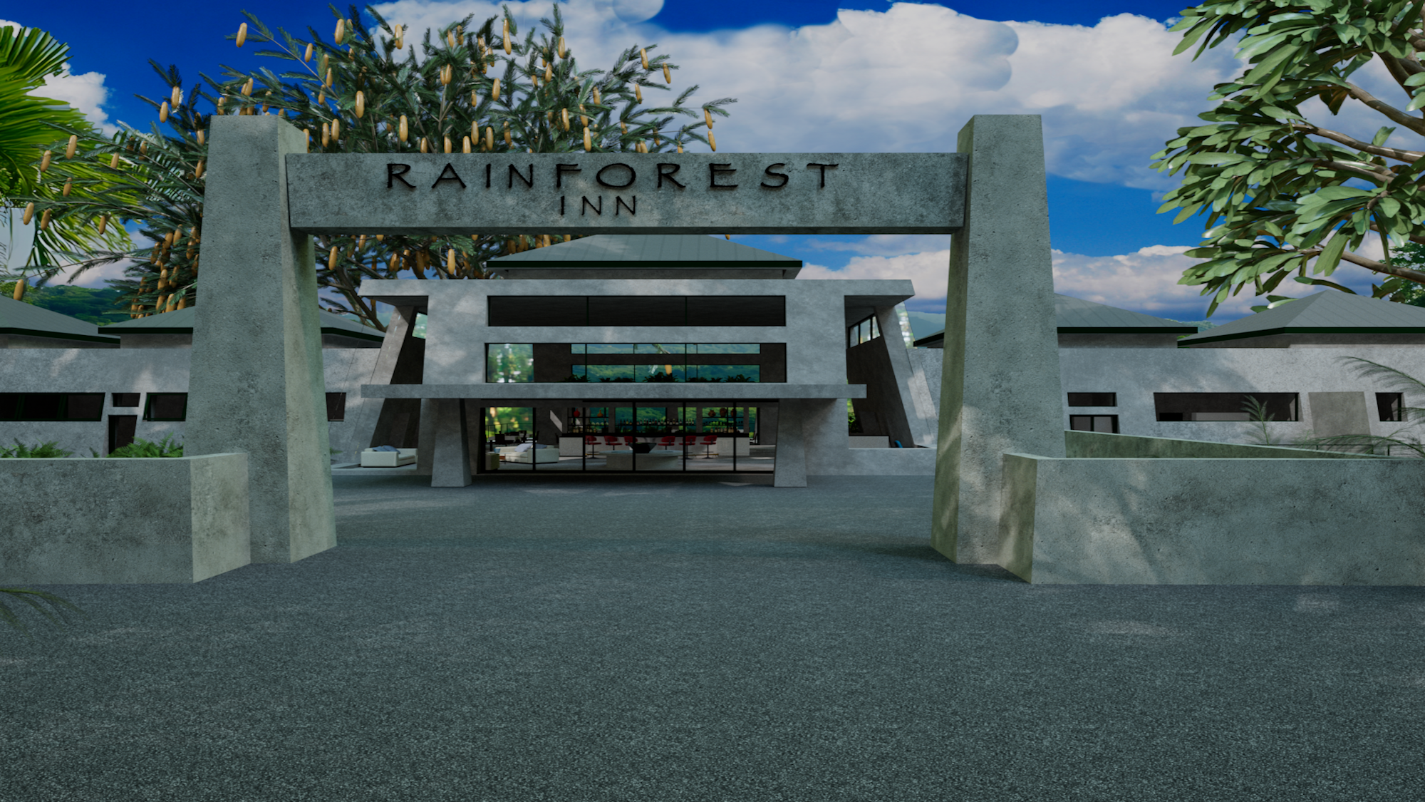 Rainforest Inn gateway at dusk