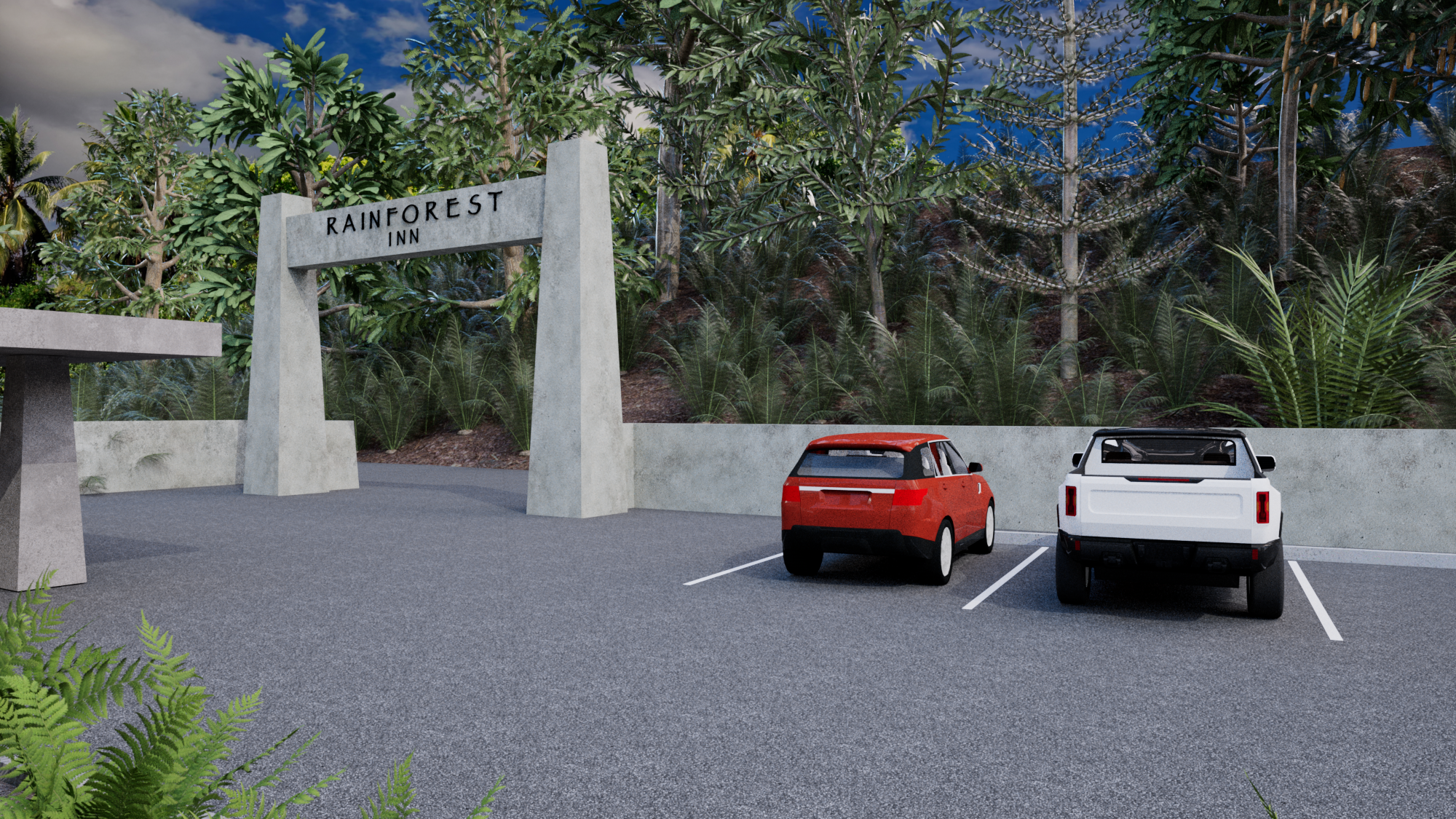 Rainforest Inn parking at dusk