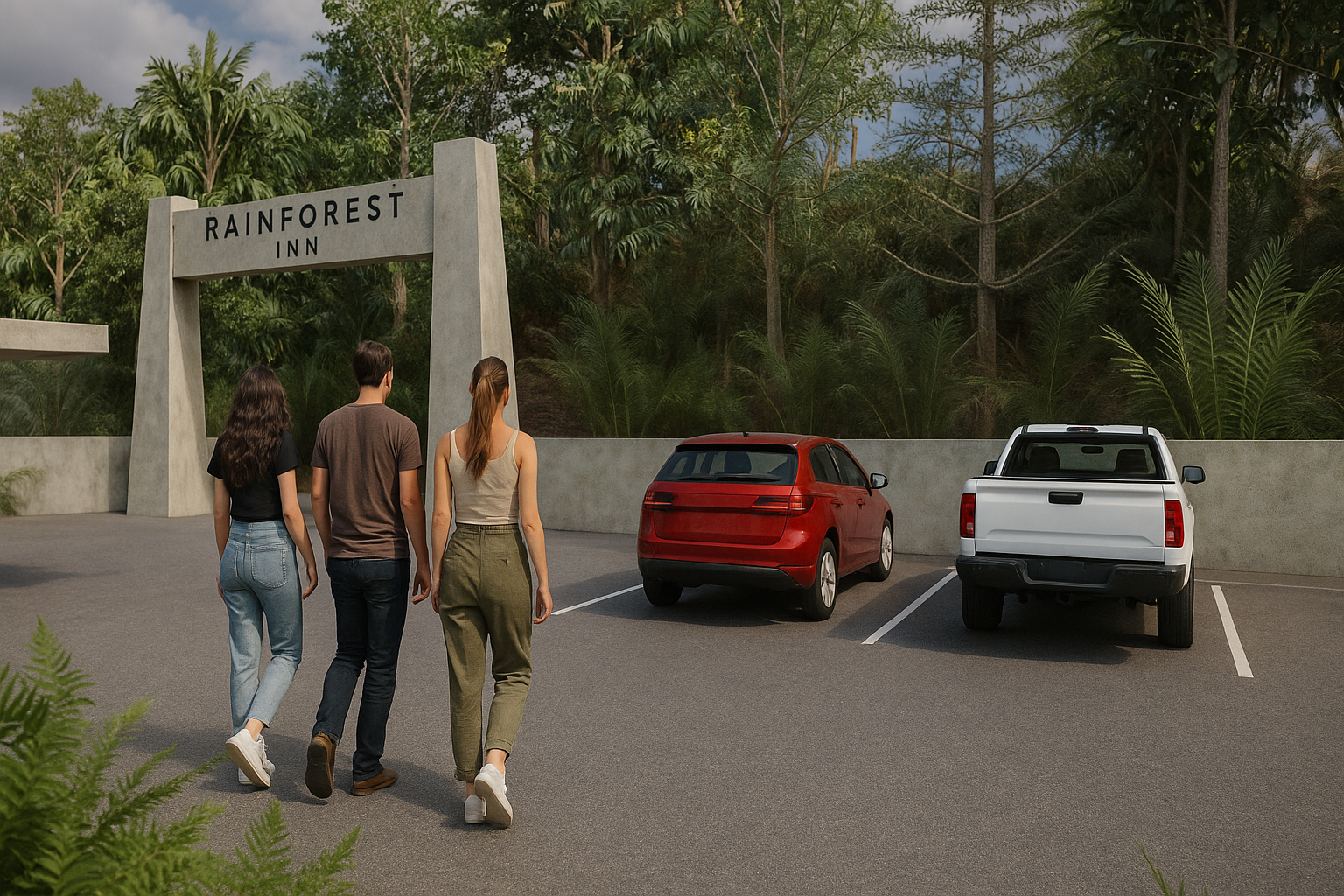 Guests walking at Rainforest Inn entrance at dusk