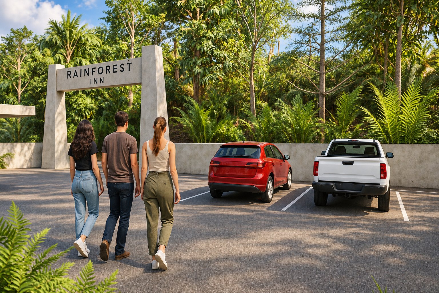 Guests walking from parking toward the Rainforest Inn gateway