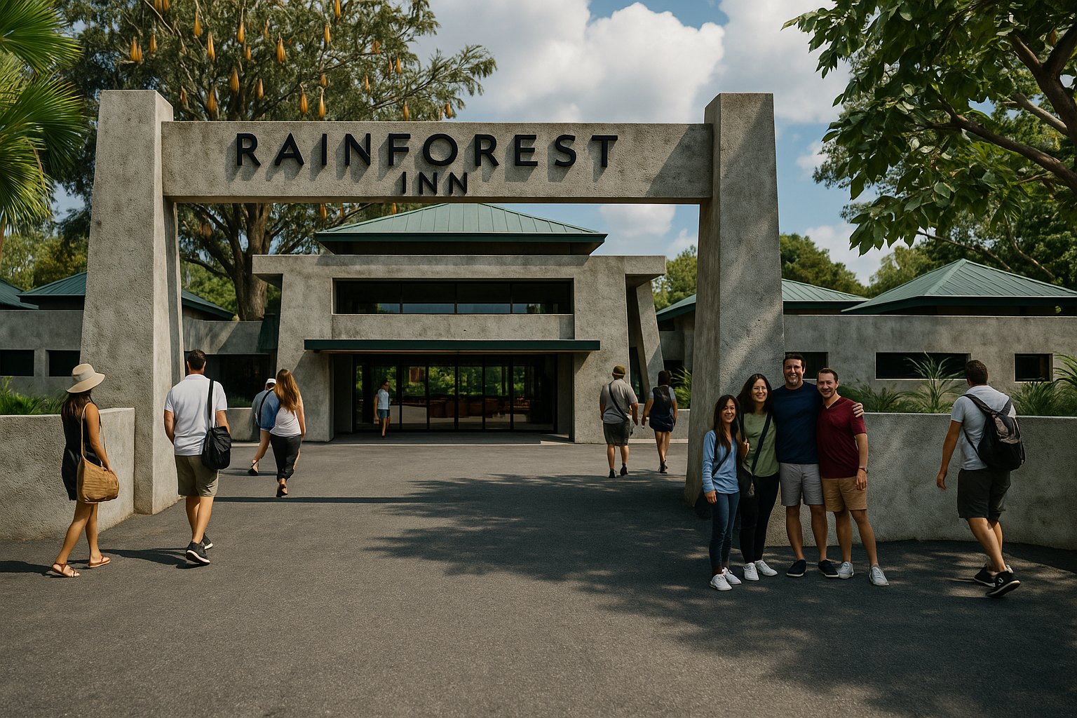 Rainforest Inn — guests at the entrance gateway