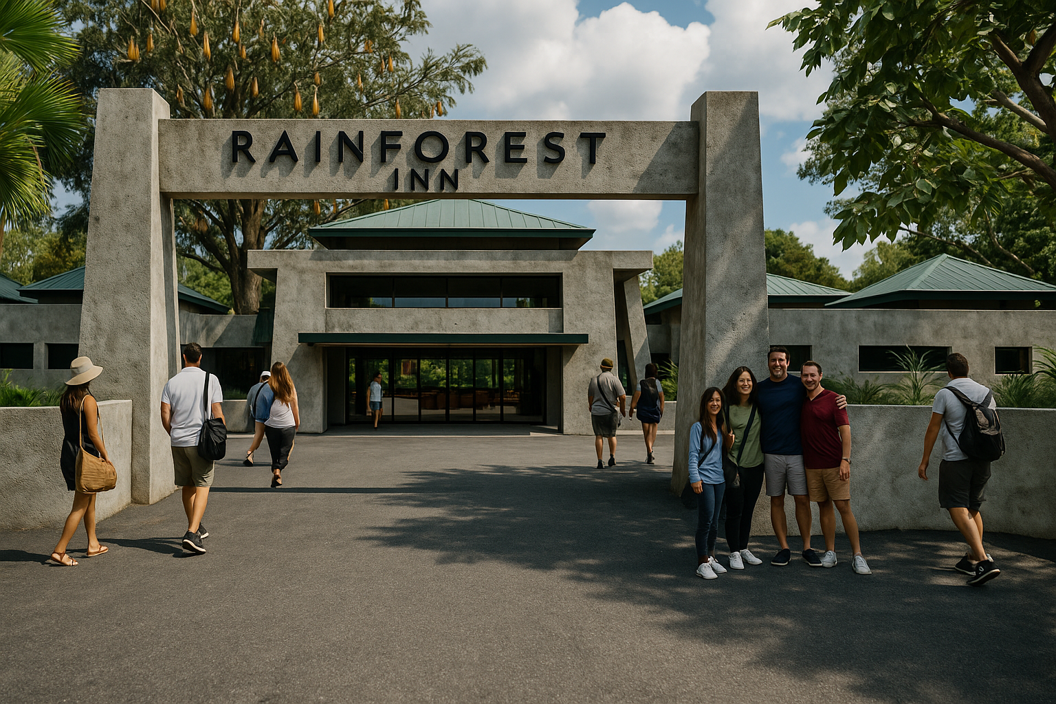 Rainforest Inn — guests at the entrance gateway