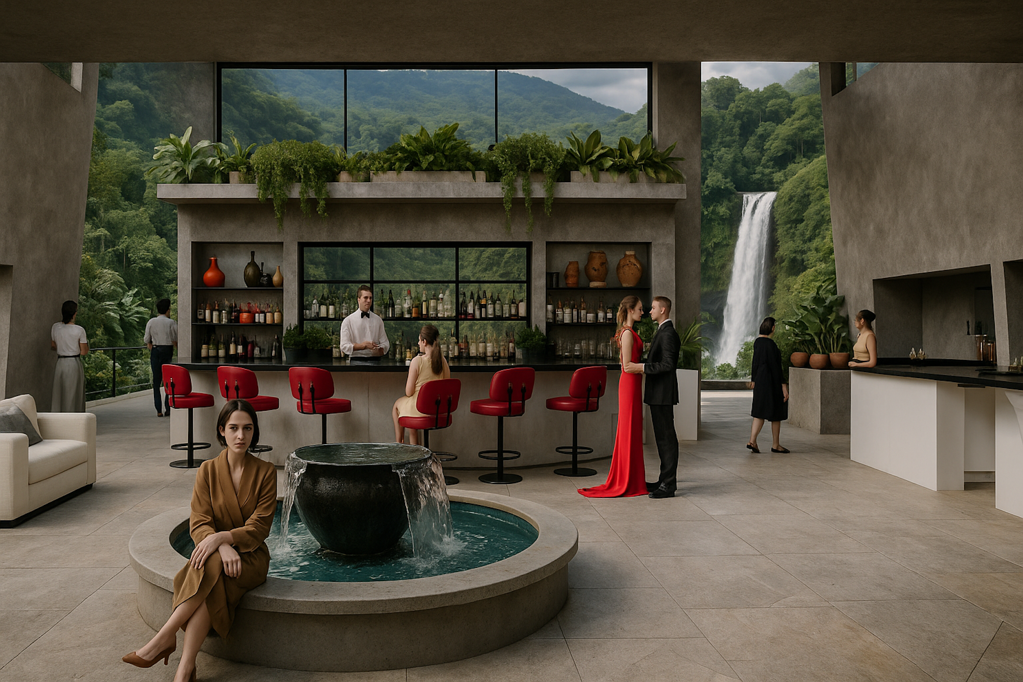 Rainforest Inn bar with waterfall view