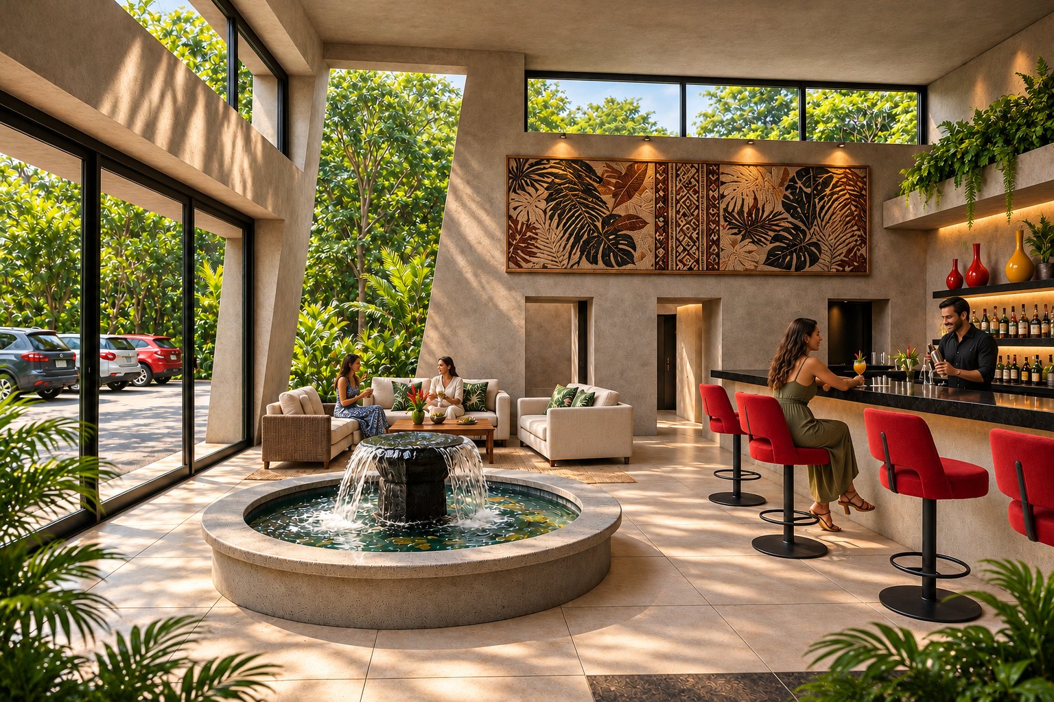 Rainforest Inn lobby fountain and lounge seating
