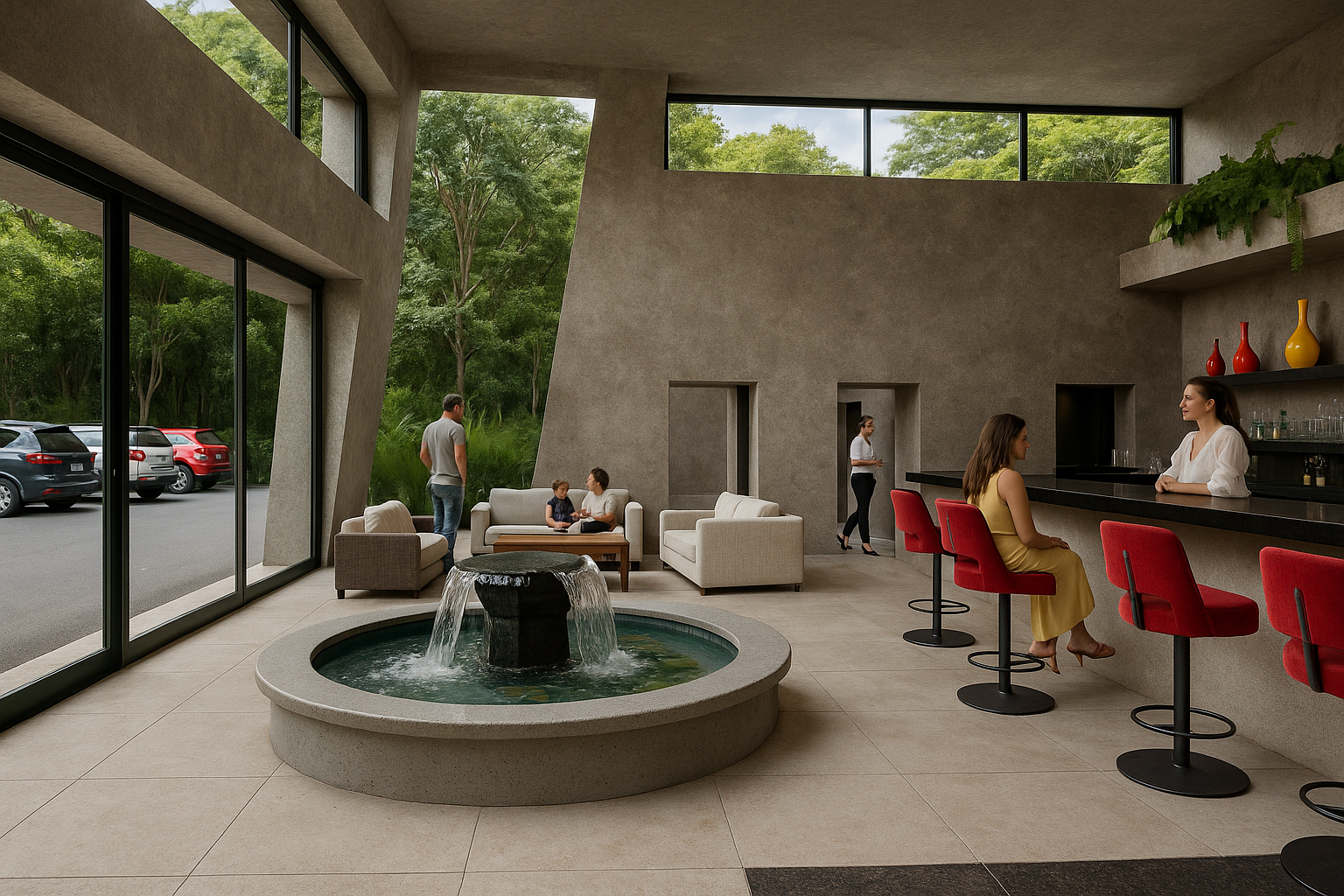 Rainforest Inn lobby fountain in daylight