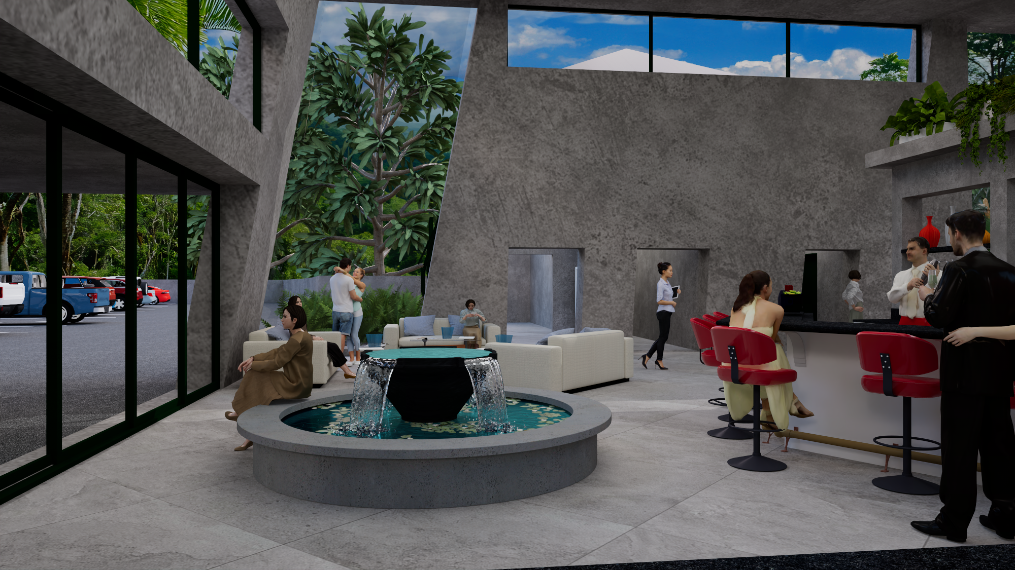Rainforest Inn lobby fountain and lounge seating