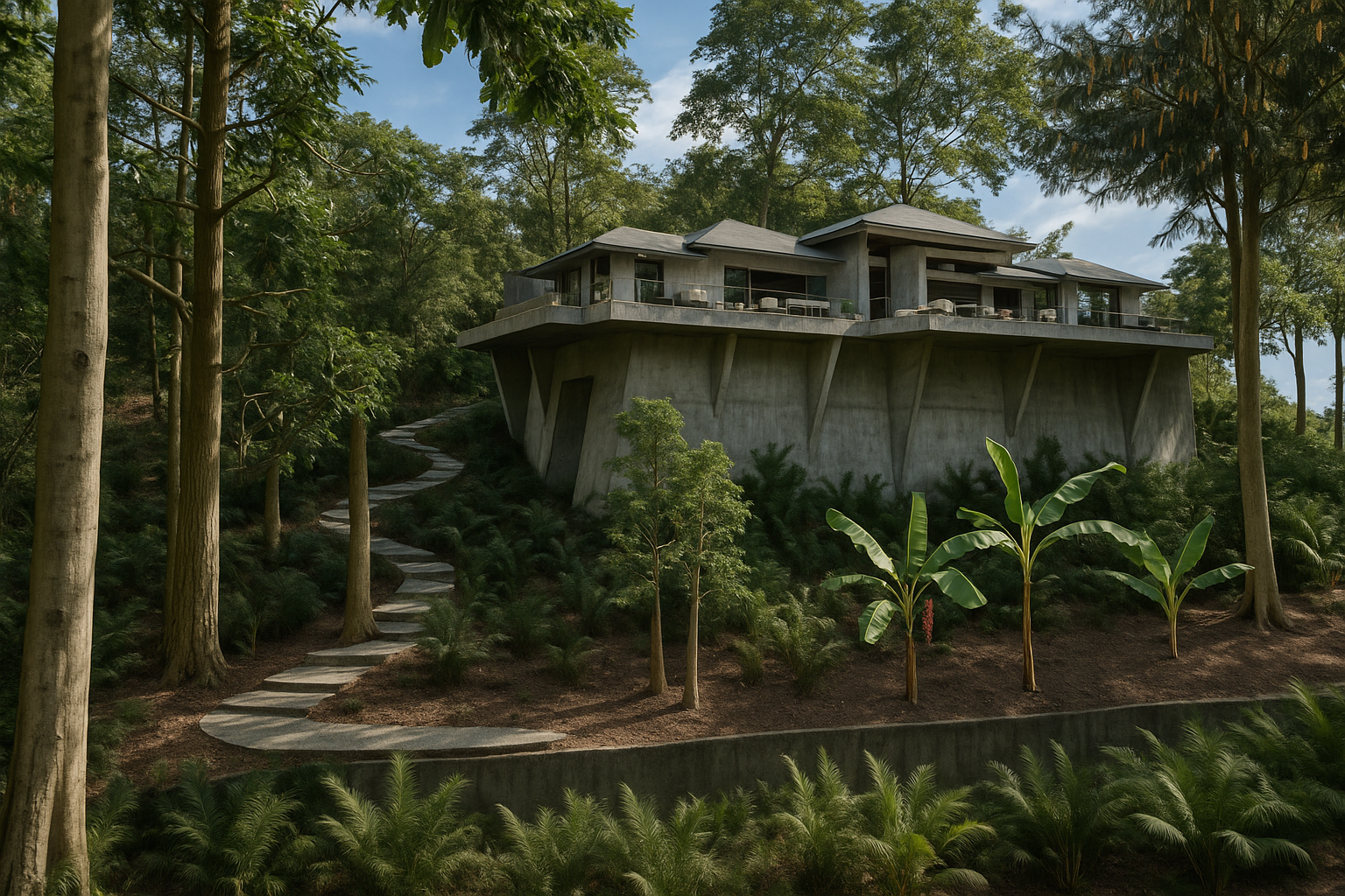 Rainforest Inn hillside elevation in daylight