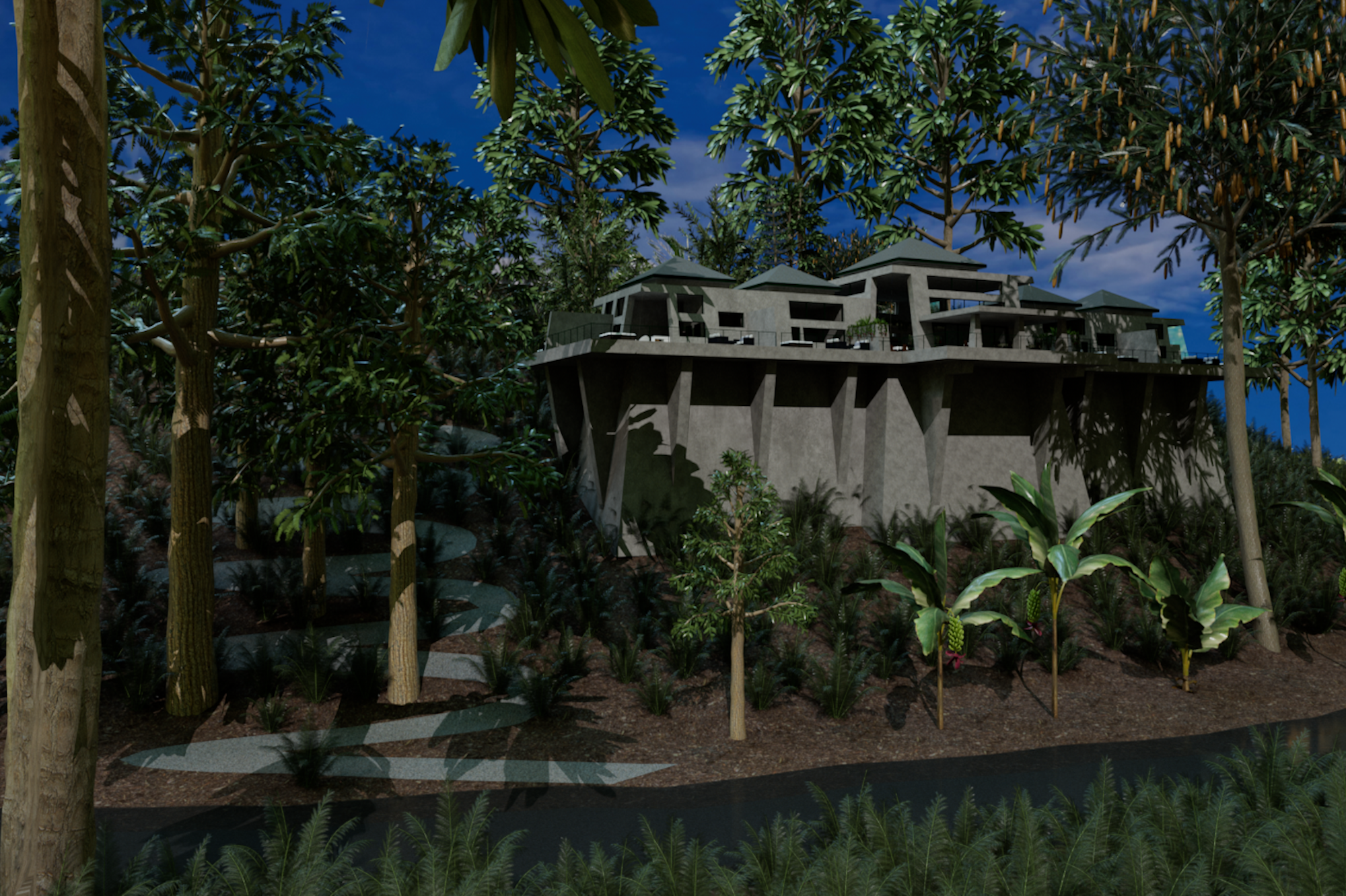 Rainforest Inn hillside elevation at night