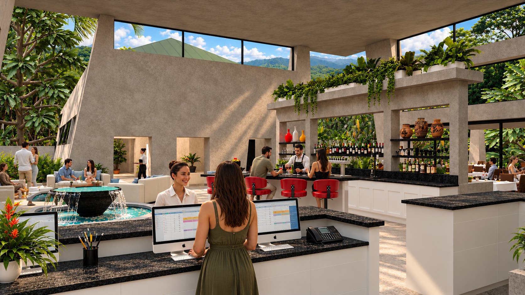 Guest checking in at the Rainforest Inn reception desk