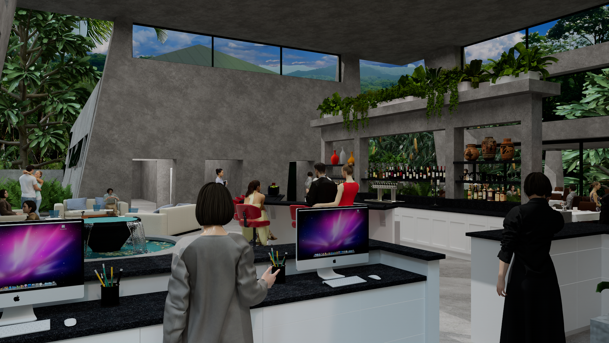View from reception desk toward the Rainforest Inn lobby
