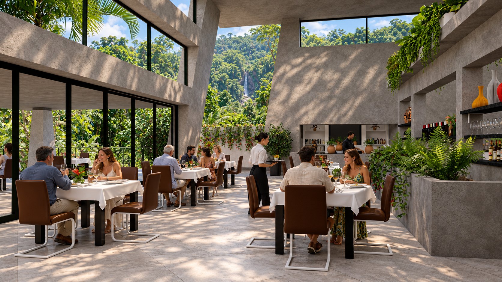 Rainforest Inn restaurant with waterfall view